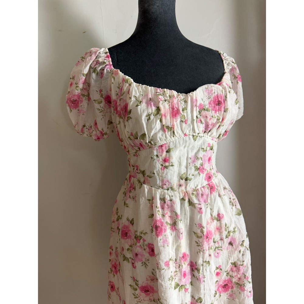 Pink Floral Puff Sleeve open Back Mini Dress XL Cottagecore milkmaid Princess XL - Picture 2 of 14
